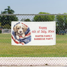 アメリカ国旗をまとった子犬 7月4日 バーベキュー パーティー 横断幕