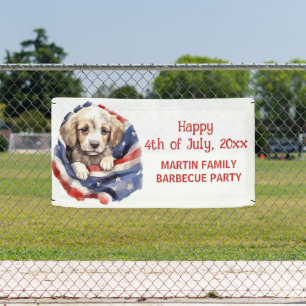 アメリカ国旗をまとった子犬 7月4日 バーベキュー パーティー 横断幕