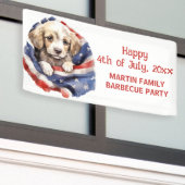 アメリカ国旗をまとった子犬 7月4日 バーベキュー パーティー 横断幕 (ビルの外側)