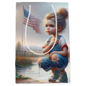 アメリカ国旗を持った女の子 ミディアムペーパーバッグ (正面)