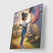 アメリカ国旗を持った愛国少女 スクエア壁時計 (傾斜)