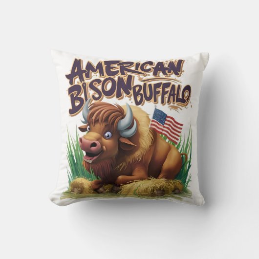 アメリカ国旗を持つアメリカのバイソン・バッファロー クッション (正面)