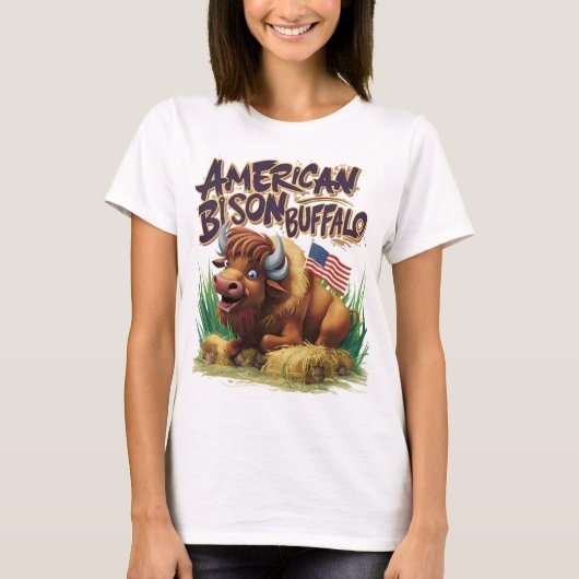 アメリカ国旗を持つアメリカのバイソン・バッファロー Tシャツ (正面)
