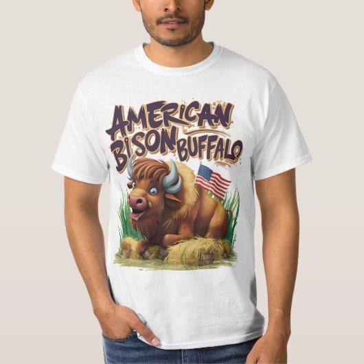 アメリカ国旗を持つアメリカのバイソン・バッファロー Tシャツ (正面)