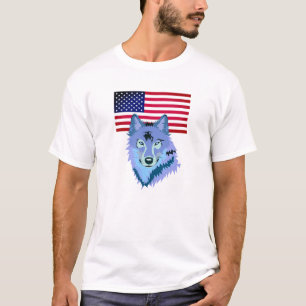 アメリカ国旗を持つオオカミ Tシャツ