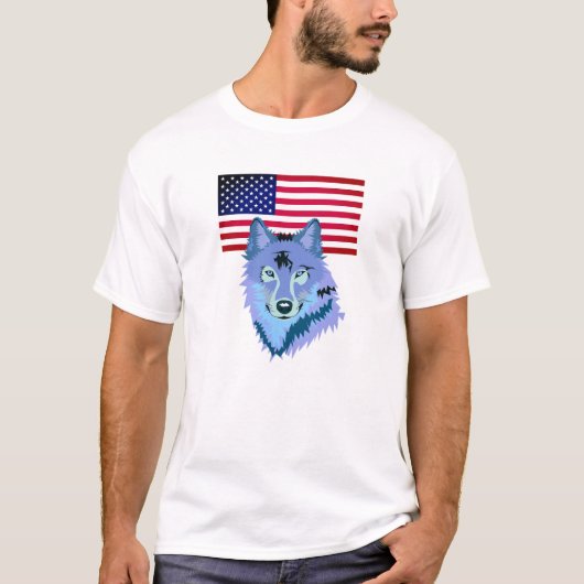 アメリカ国旗を持つオオカミ Tシャツ (正面)