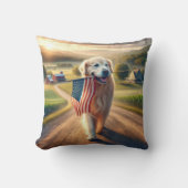 アメリカ国旗を持つゴールデンレトリバー クッション (正面)