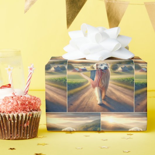 アメリカ国旗を持つゴールデンレトリバー ラッピングペーパー (誕生日パーティー)