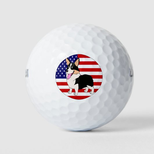 アメリカ国旗を持つトリコラーコーギ ゴルフボール (正面)
