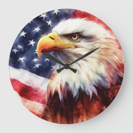 アメリカ国旗を持つハゲのワシ ラージ壁時計 (正面)