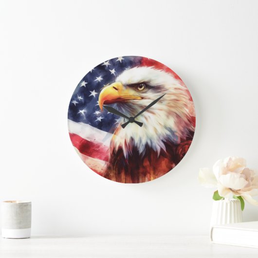 アメリカ国旗を持つハゲのワシ ラージ壁時計 (ホーム)