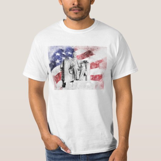 アメリカ国旗を持つリンカーン記念水彩色 Tシャツ (正面)