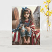 アメリカ国旗を持つ女の子退役軍人ありがとう カード (黄色い花)