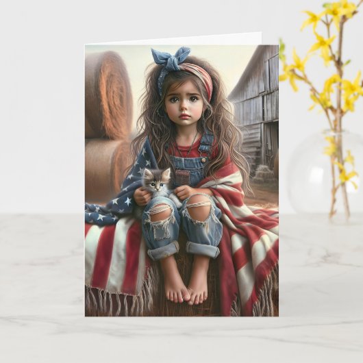 アメリカ国旗を持つ女の子退役軍人ありがとう カード (黄色い花)