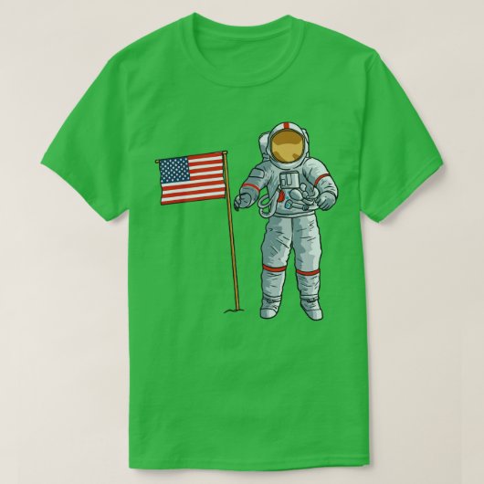 アメリカ国旗を持つ宇宙ムーンUSA Tシャツ (デザイン正面)