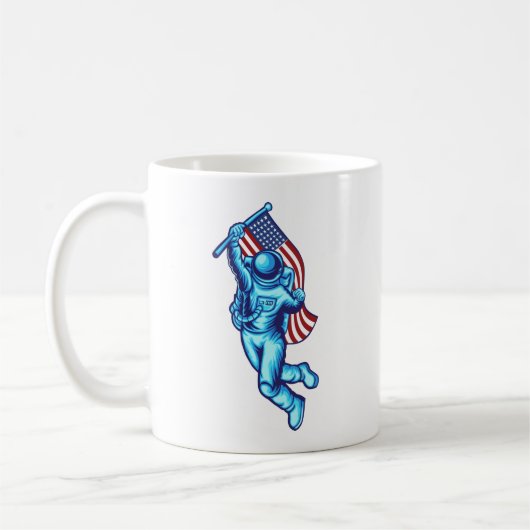 アメリカ国旗を持つ宇宙飛行士 コーヒーマグカップ (左)