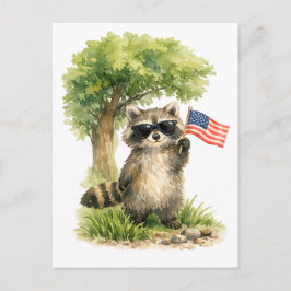アメリカ国旗を持つ愛らしいアライグマの独立記念日パトリオティックデザイン ポストカード