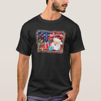 アメリカ国旗を持つ愛国的なクリスマスサンタ Tシャツ