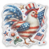 アメリカ国旗を持つ愛国的なニワトリ シール (正面)