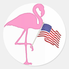 アメリカ国旗を持つ愛国的なフラミンゴ ラウンドシール