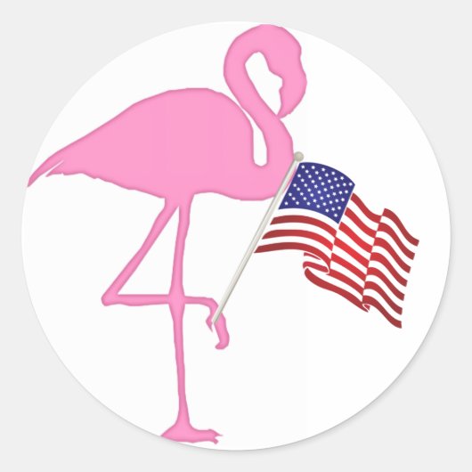 アメリカ国旗を持つ愛国的なフラミンゴ ラウンドシール (正面)