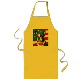 アメリカ国旗を持つ愛国的なボストンテリア ロングエプロン