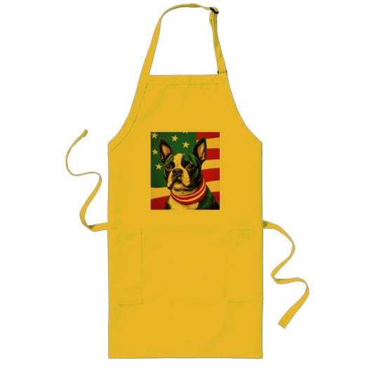 アメリカ国旗を持つ愛国的なボストンテリア ロングエプロン (正面)