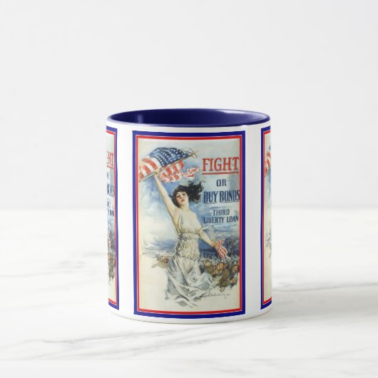 アメリカ国旗を持つ愛国的な女性のヴィンテージ ポスターアート マグカップ (中央)