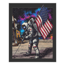 アメリカ国旗を持つ愛国的な宇宙飛行士