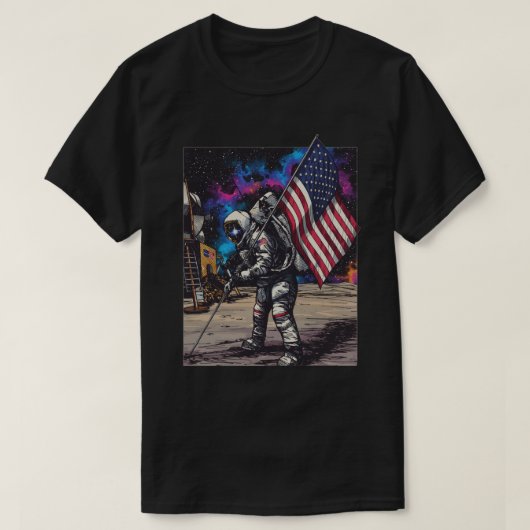 アメリカ国旗を持つ愛国的な宇宙飛行士 Tシャツ (デザイン正面)