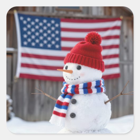 アメリカ国旗を持つ愛国的な雪だるま スクエアシール (正面)