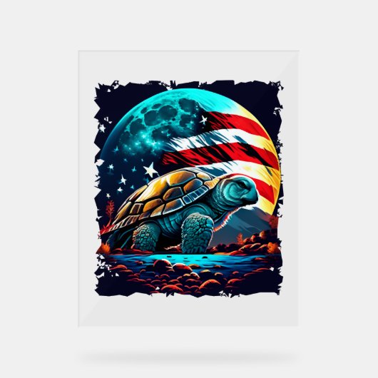 アメリカ国旗を持つ月の下のアメリカのカメ アクリルサイン (正面)