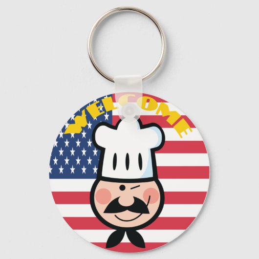 アメリカ国旗を持つ歓迎シェフ キーホルダー (正面)