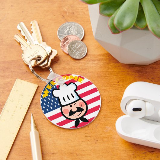 アメリカ国旗を持つ歓迎シェフ キーホルダー