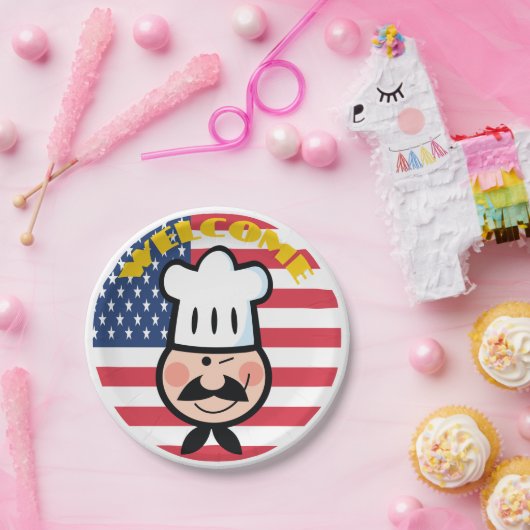 アメリカ国旗を持つ歓迎シェフ ペーパープレート (パーティー)