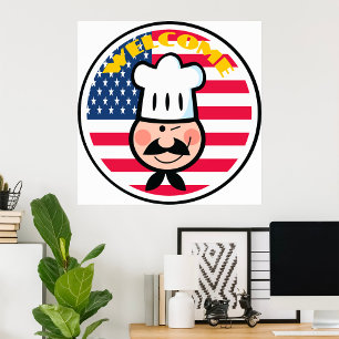 アメリカ国旗を持つ歓迎シェフ ポスター