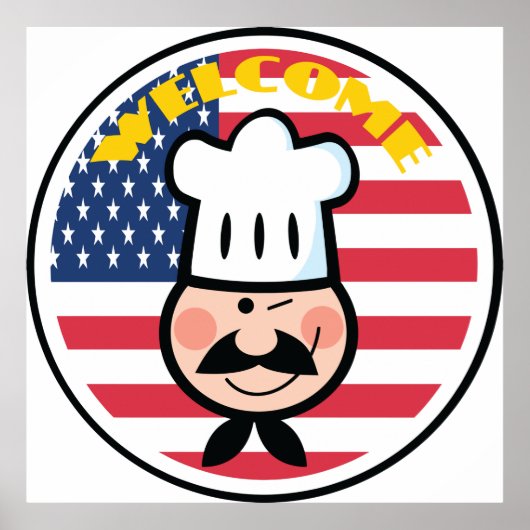 アメリカ国旗を持つ歓迎シェフ ポスター (正面)