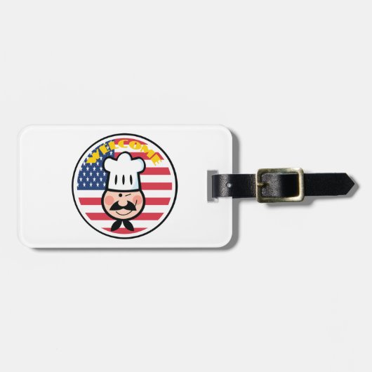 アメリカ国旗を持つ歓迎シェフ ラゲッジタグ (正面横)