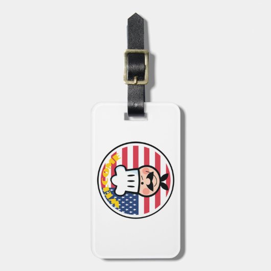 アメリカ国旗を持つ歓迎シェフ ラゲッジタグ (正面縦)