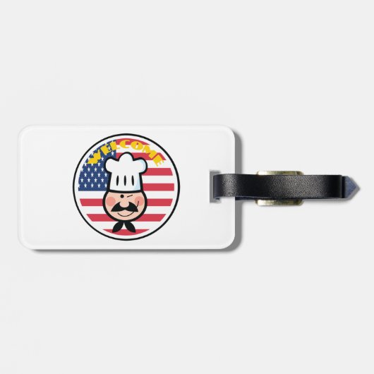 アメリカ国旗を持つ歓迎シェフ ラゲッジタグ (裏面横)