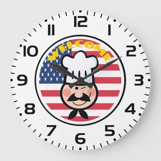 アメリカ国旗を持つ歓迎シェフ ラージ壁時計 (正面)