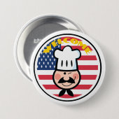 アメリカ国旗を持つ歓迎シェフ 缶バッジ (正面&裏面)