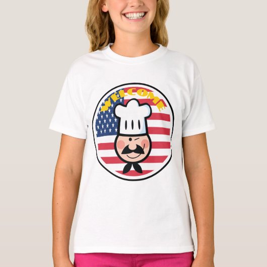 アメリカ国旗を持つ歓迎シェフ Tシャツ (正面)