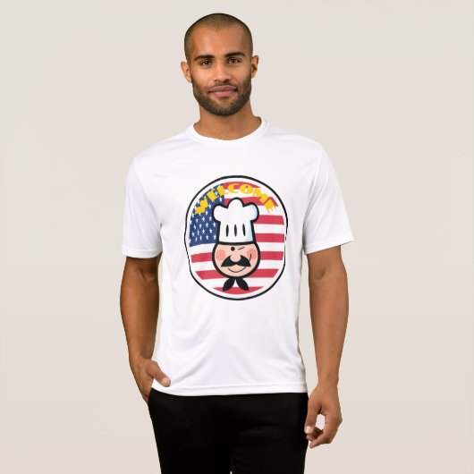 アメリカ国旗を持つ歓迎シェフ Tシャツ (正面フル)