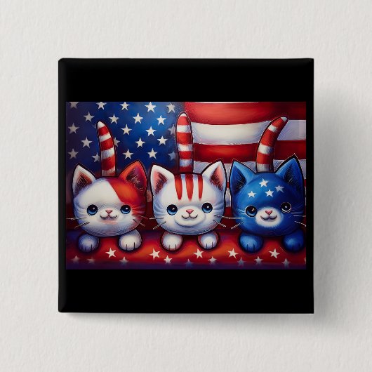 アメリカ国旗を持つ3匹の愛国的な子猫 缶バッジ (正面)