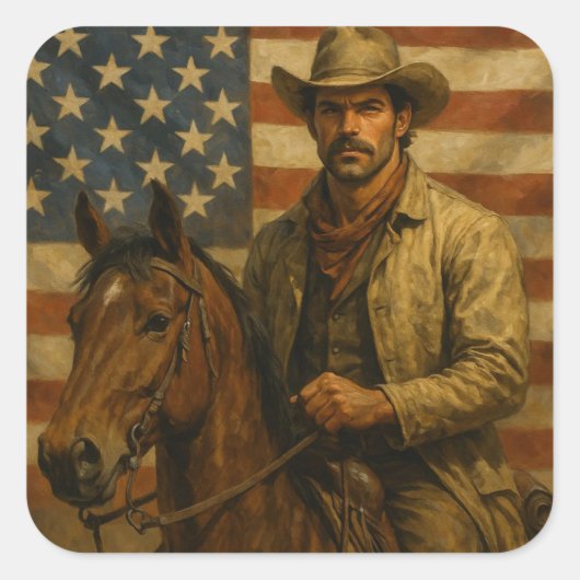 アメリカ国旗を振って馬に乗ったキャットルマン スクエアシール (正面)