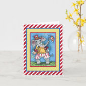 アメリカ国旗を振るかわいい愛国ゾウ カード (黄色い花)