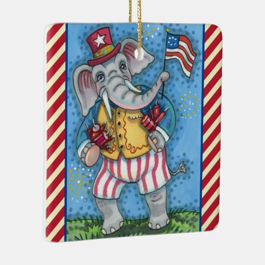 アメリカ国旗を振るかわいい愛国象 セラミックオーナメント (右)