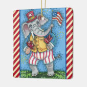アメリカ国旗を振るかわいい愛国象 セラミックオーナメント (左)