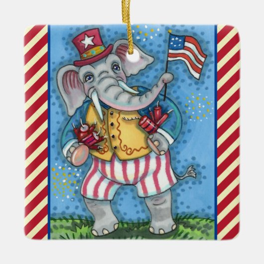 アメリカ国旗を振るかわいい愛国象 セラミックオーナメント (正面)